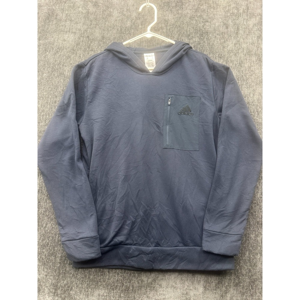 Adidas Hoodie Mens Medium Navy Blue Fleece Lined Ribbed Performance Athleisure